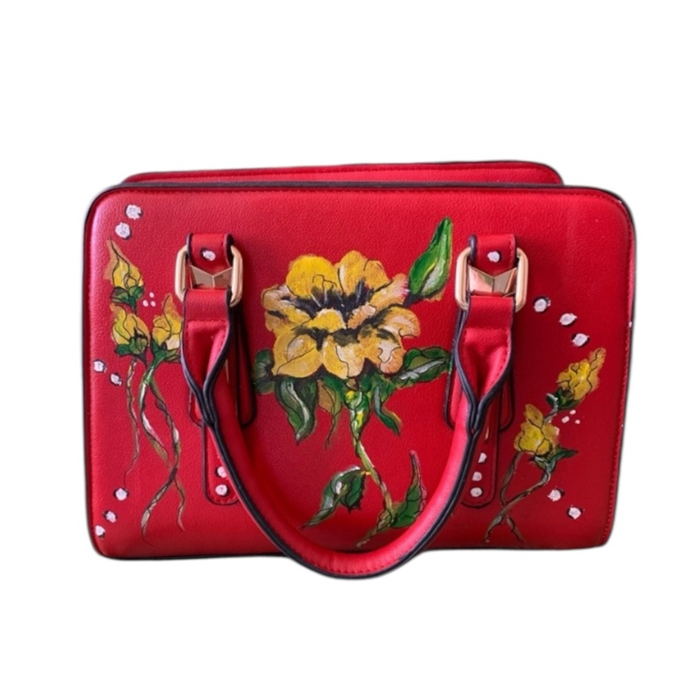Custom Hand Painted "Lady In Red" Floral Upcycled Shoulder Bag- One of a kind! - Picture 2 of 9